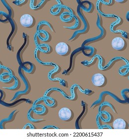 mystical witch background snake and full moon vector seamless pattern