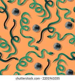 mystical witch background snake and full moon vector seamless pattern