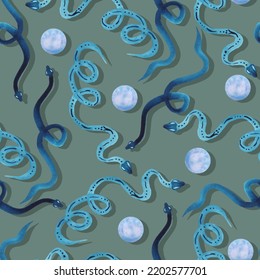 mystical witch background snake and full moon vector seamless pattern