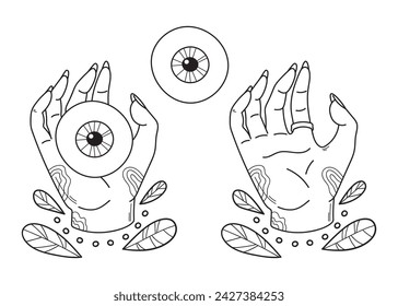Mystical witch hand holds eye surrounded by plants. Hand drawn magical doodle element for spiritual design. Vector illustration isolated on white background