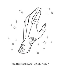 Mystical witch hand with ring and stars. Hand drawn magical doodle element for spiritual design. Vector illustration isolated on white background.