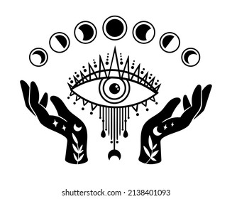 Mystical witch hands with evil eye and moon phases isolated clipart, celestial boho hands holding the third eye, silhouette esoteric symbols, black and white vector