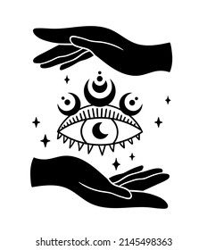 Mystical witch hands with evil eye and moon phases isolated clipart, celestial boho hands holding the third eye, silhouette esoteric symbols, black and white vector