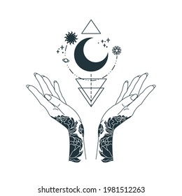 Mystical witch hands. Outline mystery tattoo. Tarot drawing. Isolated esoteric drawing. Witchcraft t shirt print. Magical drawing. Vector illustration