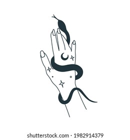 Mystical witch hands with snake. Outline mystery tattoo. Tarot drawing. Isolated esoteric drawing. Esoteric t shirt print. Magical drawing. Vector illustration