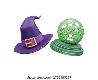 Mystical Witch Hat and Tech Crystal Ball 3D Render icon illustration
