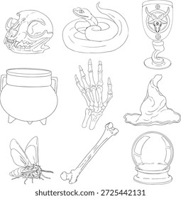Colección de kit de bruja mística. Dibujado a mano arte de línea con símbolos ocultos. Perfecto para la brujería moderna, el tarot y los diseños esotéricos. Ambiente mágico boho