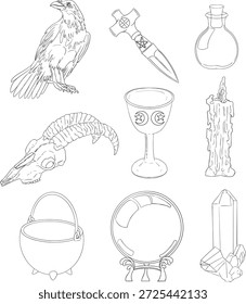 Colección de kit de bruja mística. Dibujado a mano arte de línea con símbolos ocultos. Perfecto para la brujería moderna, el tarot y los diseños esotéricos. Ambiente mágico boho