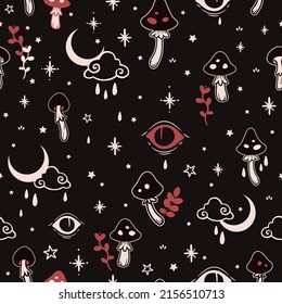 patrón místico de bruja de hongos y luna