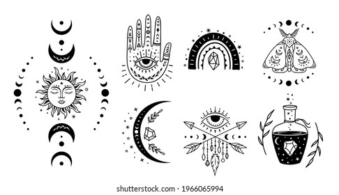 Mystical witchcraft symbol set. Vector boho silhouette design. Magic monochrome illustration. Esoteric and occult signs. Alchemy prints.