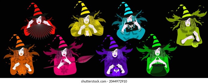 Mystical  witches in bright neon outfits with Halloween attributes: broom lantern book frog owl fire cauldron mirror. Isolated vector Halloween style illustration for banner poster e-mail template inv