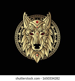 Mystical wolf in black and gold . For tarot reader, spiritual guidance, witchcraft, tatoo, t shirt, sticker .eps10