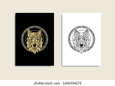 Mystical wolf in black and gold . For tarot reader, spiritual guidance, witchcraft, tatoo, t shirt, sticker .eps10