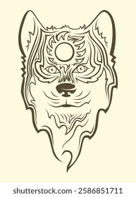 Mystical Wolf Face with Third Eye. Tribal Line Art Illustration of a Spiritual Animal