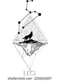 Mystical wolf in sacred geometry with zodiac constellation. Leo