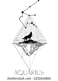 Mystical wolf in sacred geometry with zodiac constellation. Aquarius