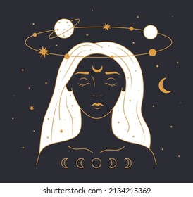 Mystical woman concept. Minimalistic and linear image of girl. Galaxy and universe, esoteric. Hidden power, magic and witchcraft, sorceress. Meditation and balance. Cartoon flat vector illustration