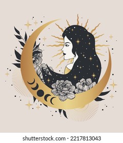 Mystical woman with the crescent and the stars in her hair in a trendy boho style. Vector space portrait of a girl for wall print, t-shirt, tattoo design, for social media post and stories