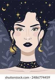 Mystical woman with crescent and stars in her hair in a trendy boho style. Vector space portrait of a girl for wall print, t-shirt, tattoo design, for social media post and stories