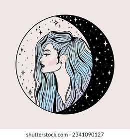 Mystical woman with the crescent and the stars a trendy boho style. Vector space portrait of a girl for wall print, t-shirt, tattoo design, for social media post and stories