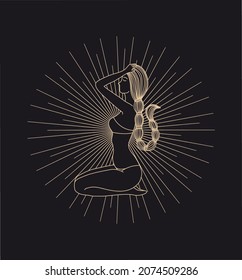 Mystical woman, female illustration, beautiful esoteric female silhouettes. Flat vector design. Print for clothes. Ritual ceremony. Linear magic drawing. Against a dark background. Scorpio zodiac.