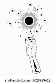 Mystical Woman Hand alchemy esoteric magic sun symbol, Sacred Geometry. Boho style Logo in black outline tattoo icon. Spiritual occultism mystic wicca sign. Vector template  isolated on white 