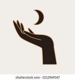 Mujer mística mano con símbolo celestial de la luna en colores negro y dorado. Elemento de wicca espiritual para impresión, tarjeta, afiche, diseño. Ilustración vectorial del símbolo de la cocina