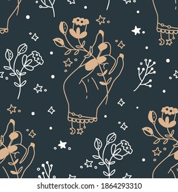 Mystical woman hand celestial Seamless boho vector pattern. Esoteric floral moon and star background.