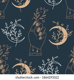 Mystical woman hand celestial Seamless boho vector pattern. Esoteric floral moon and star background.