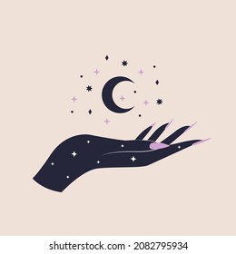 Mujer mística con símbolos celestiales de la luna y las estrellas. Elemento de wicca espiritual para impresión, tarjeta, afiche, diseño. Ilustración vectorial del símbolo del boho de la cocina