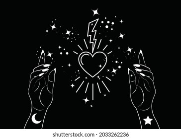 Mystical Woman Hands alchemy esoteric magic space stars, lightning and sacred heart symbol. Boho style Logo in white outline tattoo icon. Spiritual occultism mystic wicca sign Vector isolated on black