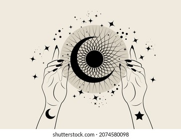Mystical Woman Hands holding crescent moon and sun in boho style. Spiritual occultism mystic wicca sign. Vector illustration isolated on vintage background