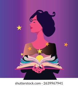 Mystical Woman Holding Magical Book with Stars and Light, Fantasy Illustration Booktok