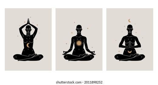 Mystical woman in lotus pose in boho style with celestial. Concept of spirituality, third eye, magic, zen for logo, emblem, print design.