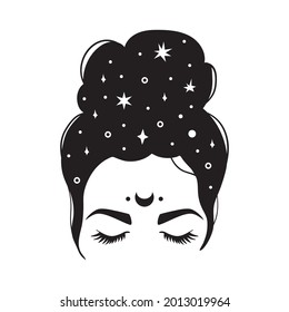 Mystical woman messy bun and moon. Woman silhouette with hair and long eyelashes. Vector illustration