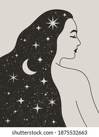 Mystical Woman with the Moon and the Stars in her Hair in a Trendy Boho Style. Vector Space Portrait of a girl for wall print, t-shirt, tattoo Design, for social media post and stories