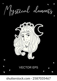 Mystical Woman With Moon And Stars Vector line art. Perfect for tattoos, prints, branding, and spiritual designs.