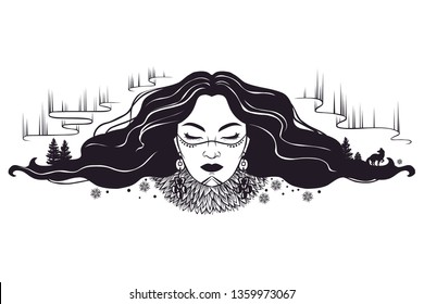 Mystical woman from northern legends. Vector hand drawn black & white illustration