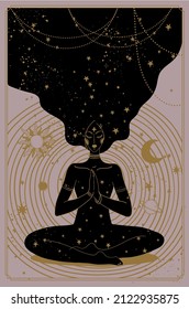 A mystical woman sits in a lotus position and meditates, a cosmic background with stars and planets, the concept of spiritual development, the search for a destiny. Vector illustration, poster.