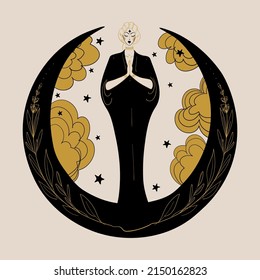 Mystical woman standing on crescent moon icon. The girl folded her hands in namaste and meditates against the background of golden clouds. Vector illustration for tarot, astrology, hand drawing.