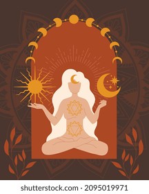Mystical woman with sun and moon. Pictures in bohemian style. Character sitting in lotus position, meditation. Magic and witchcraft. Fashion trendy poster or banner. Cartoon flat vector illustration