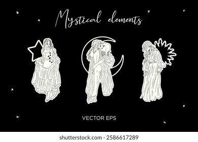 Mystical Women Elements. Set. Perfect for tattoos, prints, branding, and spiritual designs.
