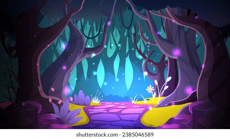 a mystical woodland with trees, lush, vegetation and sparkling fairy lights.  suitable for book cover and game background vector illustration .  fully editable,  easy to edit