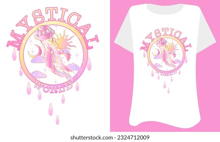 mystical world Retro 70's inspiration jelly fish element illustration print with groovy slogan for girls - woman graphic tee t shirt or sticker poster - Vector pink and gold colors