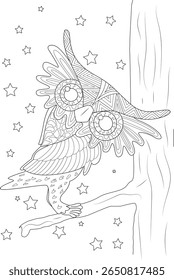 Página mística de colorir coruja de Zentangle: Arte detalhada da linha de uma coruja e estrelas para o relaxamento e a expressão criativa.