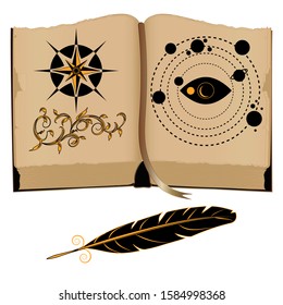 Mysticism book with symbols - isolated on white background - illustration, vector. Magic, occultism, spiritualism, philosophy concept