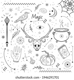 Mysticism, Esoteric, Occultism, Witchcraft elements Illustration for any design. Vector doodle illustration. Coloring page or book, anti-stress.