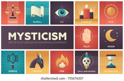 Mysticism - set of flat design infographics elements. Colorful collection of square icons, magic theme. Scales, scroll, eye, candles, sun, palm, moon, mirror, dragon, fire, skull and dagger, hourglass