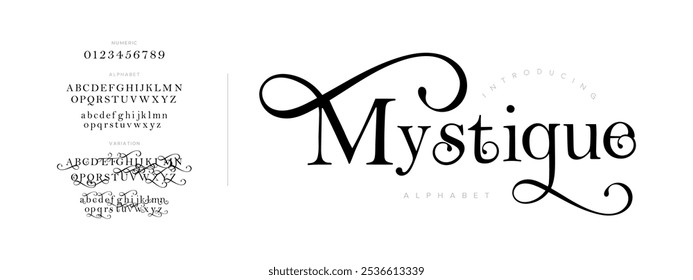 Mystique typography beauty fashion elegant minimalist serif italic fonts decorative wedding vintage retro logos. Minimal luxury font alphabet logo. Vector illustration