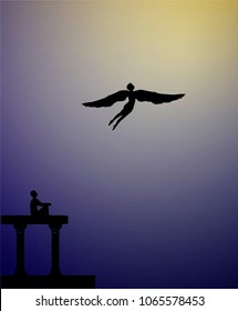 the myth of Daedalus and Icarus, boy fly out from the roof, vector